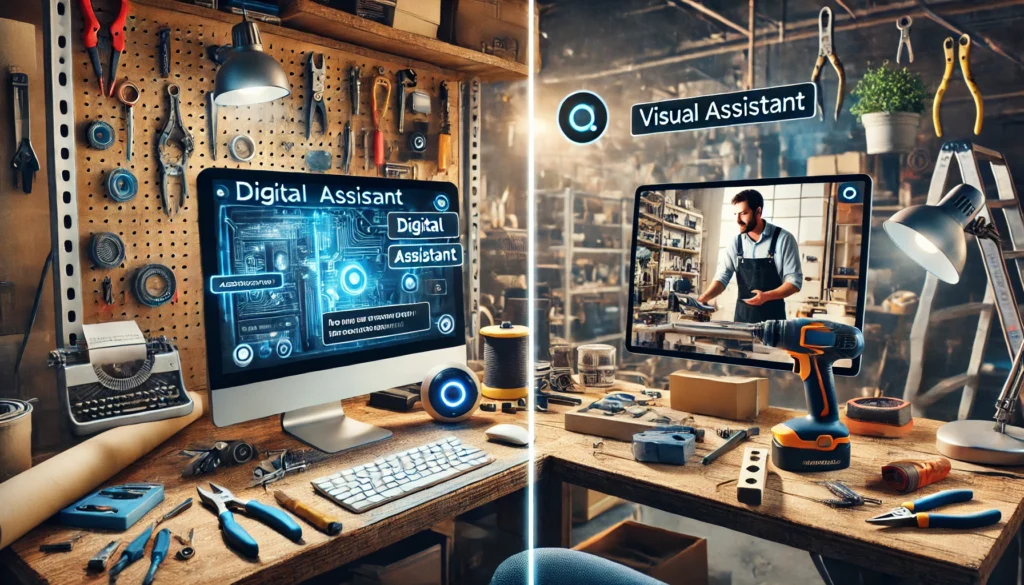 Gegenüberstellung eines digitalen und visuellen Assistenten in einem Handwerksbetrieb